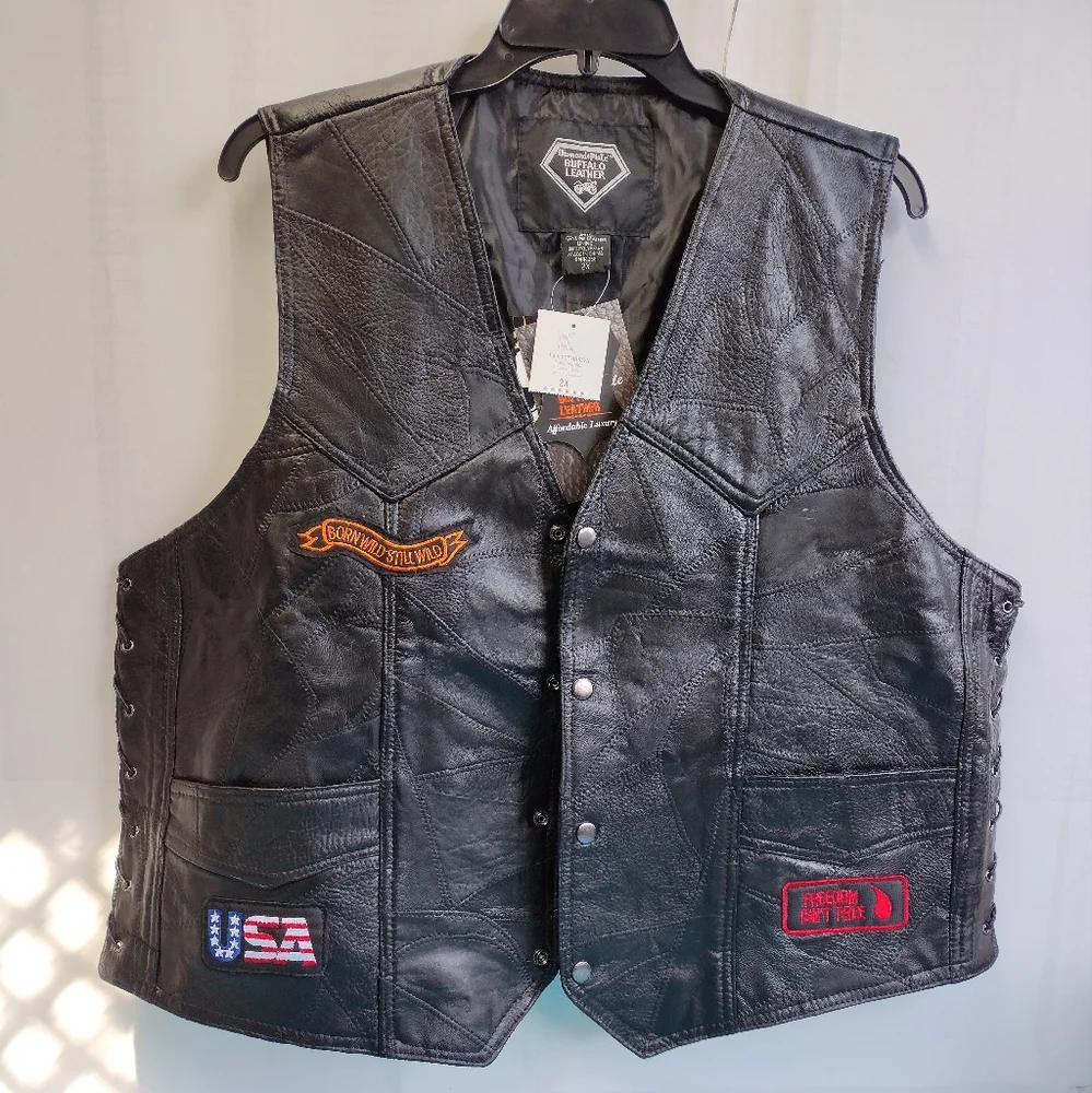 Diamond Plate Buffalo Mens Leather Vest Embroidered Patches 2X New